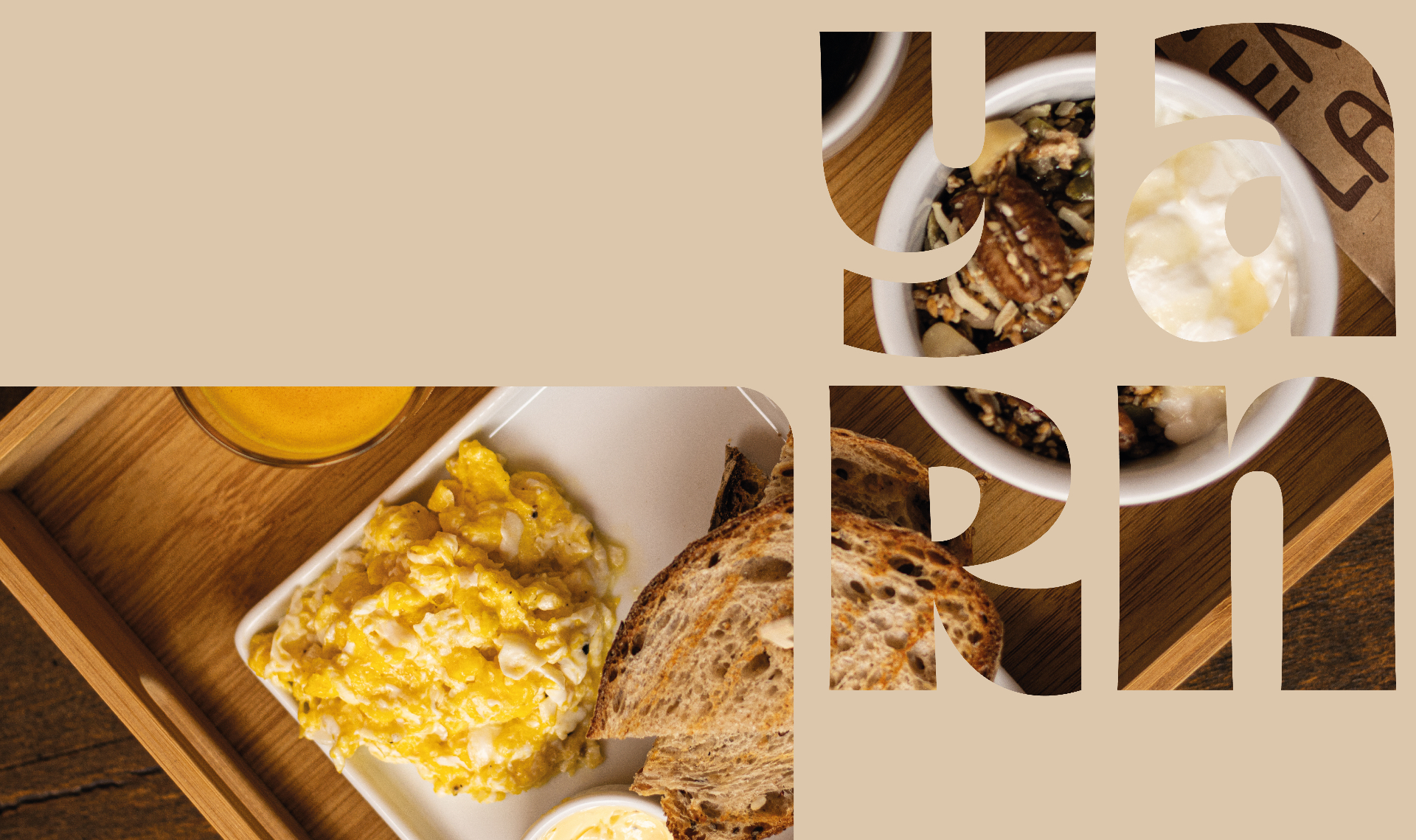 Composição da marca Yarn: a palavra yarn recortada revelando fotos de granola com iogurte, castanhas e pão artesanal, ao lado de uma bandeja de café da manhã com ovos mexidos, torradas rústicas e suco de laranja sobre fundo bege.
